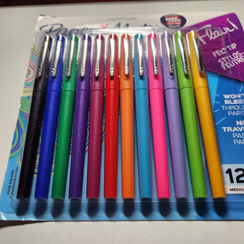 Paper Mate Flair Felt Tip Pens Medium Point (0.7mm) 12 count Markers New Ink col